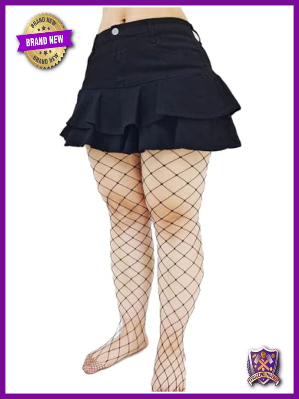 Women's 2-Ply Ruffle Denim Mini Skirt Set with Fishnet Socks & Safety Shorts